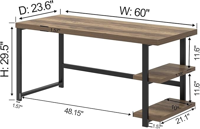 FOLUBAN 60 Inch Home Office Desk, Large Computer Desk with Storage Shelves, Modern Wood and Metal Writing Study Gaming Table Workstation for Living Room, Rustic Oak
