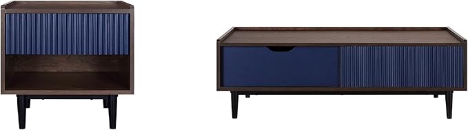 Manhattan Comfort Duane Mid Century Modern Ribbed Nightstand and Coffee Table with Storage, Living Room Furniture with Cabinet, Shelves and Iron Metal Feet, Set of 2, Navy Blue
