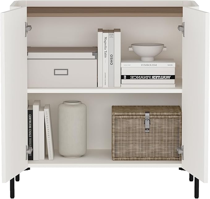 Manhattan Comfort Abbey Accent Cabinet with Doors, Tray Top Design and Adjustable Shelves, Sleek Modern Storage Furniture for Dining Area, Living Room, Bedroom, Entryway, Maple and Off White