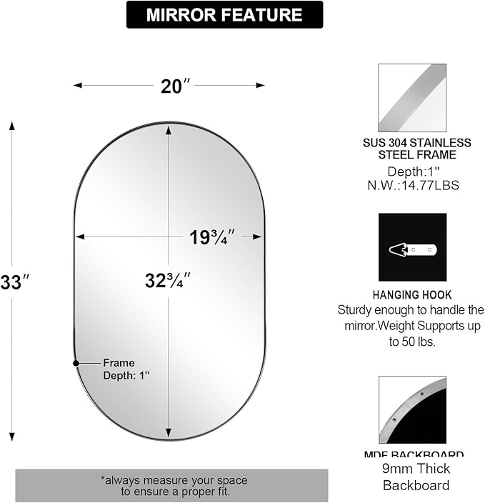 ANDY STAR Brushed Nickel Oval Bathroom Mirror, 20x33 inch Pill-Shaped Mirror for Wall HD Reflection Metal Frame Mirror for Bathroom Hang Vertical or Horizontal