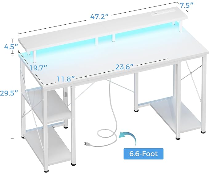 ODK 48 Inches Gaming Desk with LED Lights, Computer Desk with Monitor Stand, Pc Table with CPU Stand, Pure White