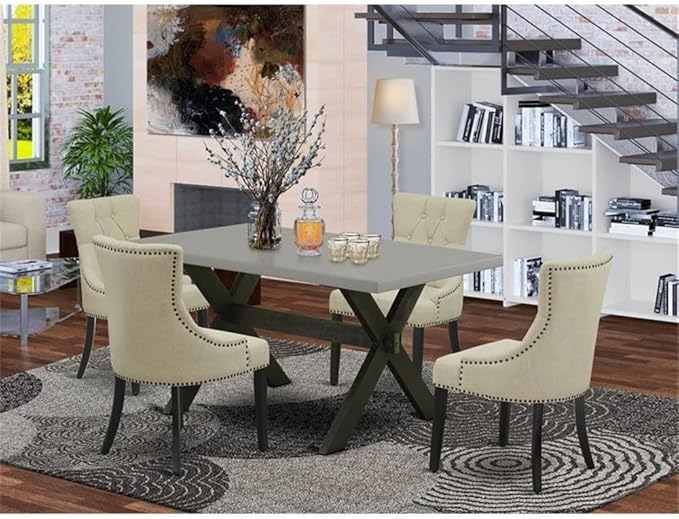East West Furniture X696FR102-5 5 Piece Dining Set Includes a Rectangle Dining Room Table with X-Legs and 4 Light Beige Linen Fabric Upholstered Chairs, 36x60 Inch, Multi-Color