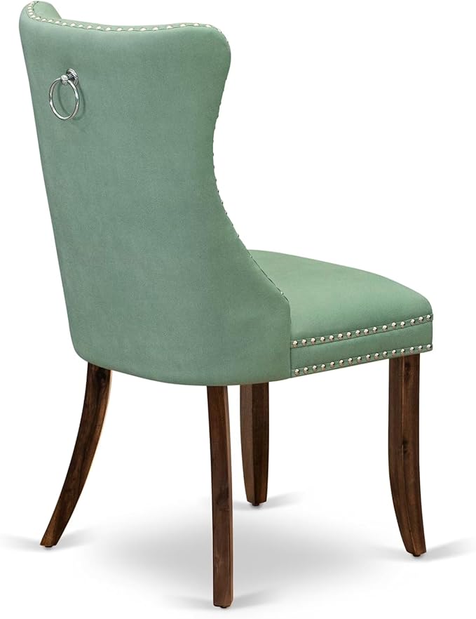 NEDA9-AWA-22 9-Piece Modern Dining Table Set Consists of a Kitchen Table and 8 Willow Green Polyester Dining Chairs with Button Tufted Back, 44x100 Inch, Antique Walnut