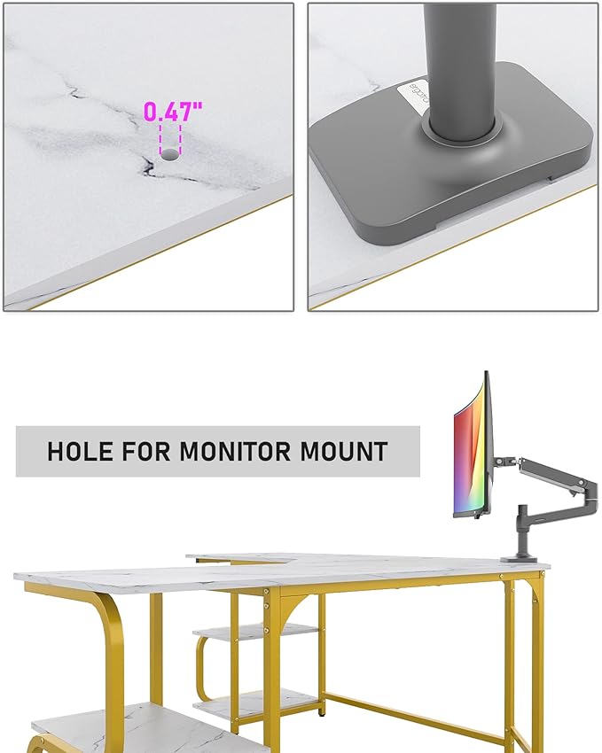 Teraves Modern L Shaped Desk with Shelves,64.84" Computer Desk/Gaming Desk for Home Office,Corner Desk with Large Desktop (White Marbling+ Gold Frame, Large+4 Tier Shelves)