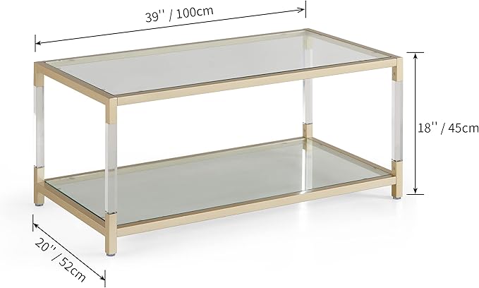AGV LIGHTING 202205 BLEVIO Coffee Table, Modern Design Dual-Layer Coffee Table, Perfect for Living Space, Ultra-Clear Glass Top, Transparent Acrylic Leg & Gold Finish Metal Frame