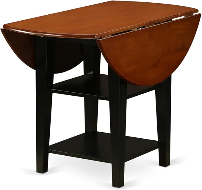 East West Furniture SUAN3-BCH-C 3 Piece Dining Room Table Set Contains a Round Kitchen Table with Dropleaf & Shelves and 2 Linen Fabric Upholstered Chairs, 42x42 Inch, Black & Cherry