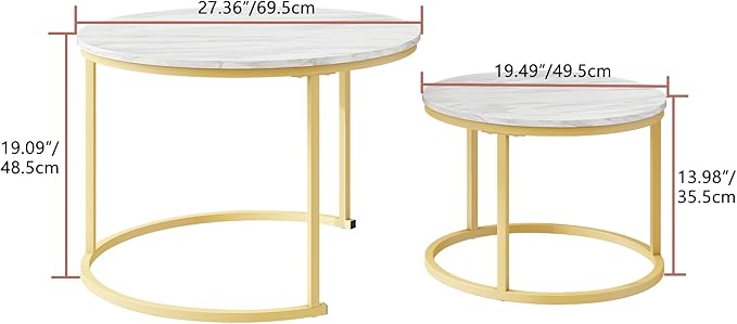Round Coffee Table Set of 2 End Tables for Living Room,Circular and Marble Nesting Coffee Table Wooden Accent Furniture with Golden Metal Frame,Stacking Side Tables,White