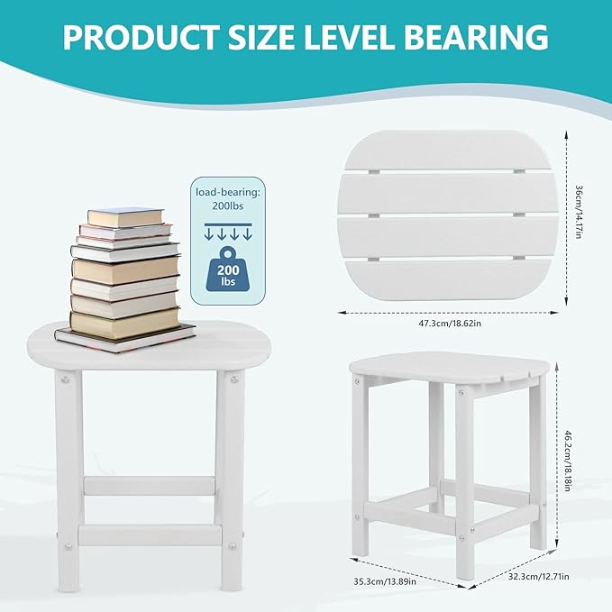 Hdpe Outdoor Adirondack Side Table, Wooden Textured, Set for Patio, Garden, Porch, Pool Composite Patio, Backyard, Bathroom and Indoor, Maintenance & Weather Resistant (White)