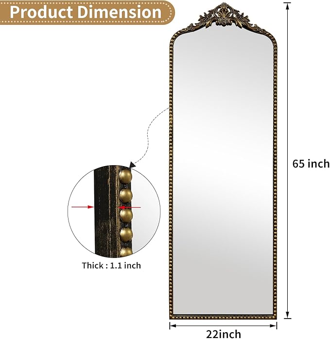 G-LEAF Vintage Baroque Full Length Floor Mirror 22"X65", Victorian Antique Mirror with Black Brush Gold Ornate Metal Frame for Fireplace Entryway Living Room Hallway Bathroom