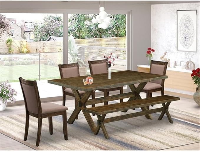 East West Furniture X777MZ748-6 6 Piece Modern Dining Table Set Contains a Rectangle Wooden Table with X-Legs and 4 Coffee Linen Fabric Parson Chairs with a Bench, 40x72 Inch, Multi-Color