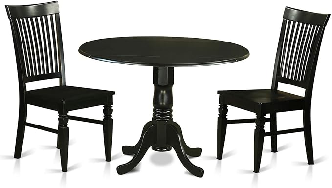 East West Furniture DLWE3-BLK-W 3 Piece Dining Room Table Set Contains a Round Kitchen Table with Dropleaf and 2 Dining Chairs, 42x42 Inch, Black