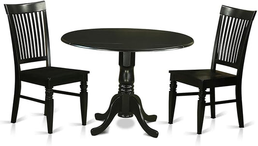 East West Furniture DLWE3-BLK-W 3 Piece Dining Room Table Set Contains a Round Kitchen Table with Dropleaf and 2 Dining Chairs, 42x42 Inch, Black