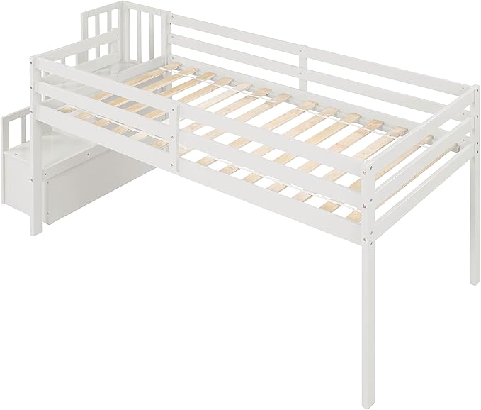 HomSof Loft Bed with Stairs and Storage,White