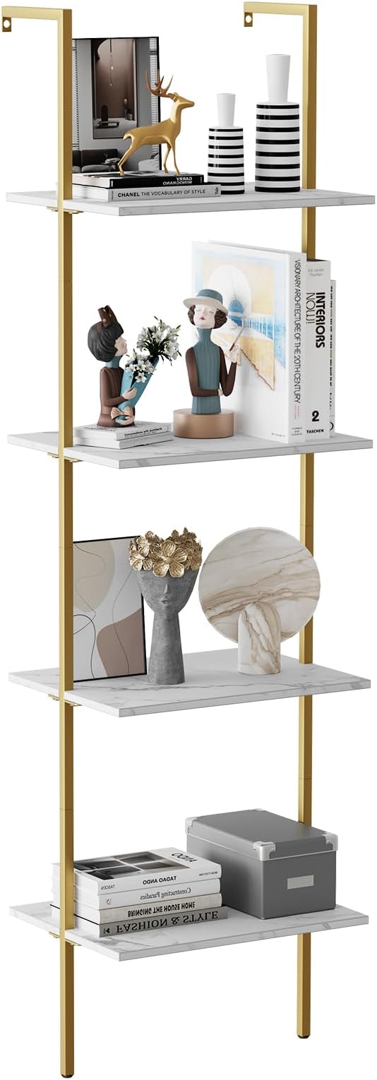 Ladder Shelf 4 Tiers Metal Industrial Bookshelf,White Marble Wood Tall Open Storage Rack and Display Shelves,Wall Mount Wide Book Case for Home Office Bedroom,Small