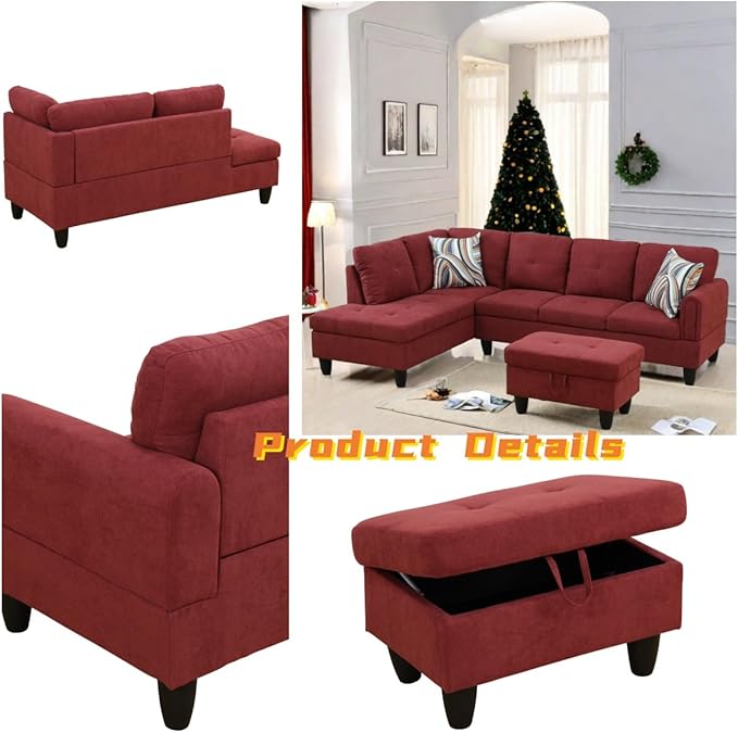 L Shaped Sectional Couch with Otttoman, 97" Sectional Sofa for Living Room Flannel Modular Couches with Cup Holders for Bedroom, Apartments, Red