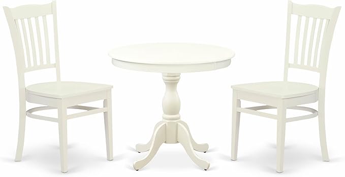 East West Furniture AMGR3-LWH-W 3 Piece Dinette Set for Small Spaces Contains a Round Kitchen Table with Pedestal and 2 Dining Room Chairs, 36x36 Inch, Linen White
