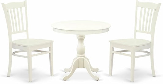 East West Furniture AMGR3-LWH-W 3 Piece Dinette Set for Small Spaces Contains a Round Kitchen Table with Pedestal and 2 Dining Room Chairs, 36x36 Inch, Linen White