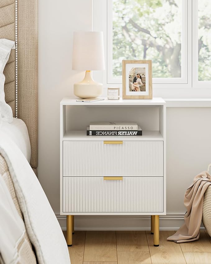 Night Stand,Tall Bedside Table with 3Storage Drawers,White Nightstand,Bedside Furniture,Side Table with Gold Frame,End Table for Bedroom,Living Room (Modern-2drawers 1shelf, White)