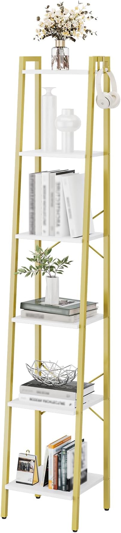 Ladder Shelf, Bookshelf Bookcase, Freestanding Corner Storage Shelve with 2 Hooks for Home Office, Living Room, Kitchen, Bedroom, Industrial, 6-Tier White Gold BC13313G