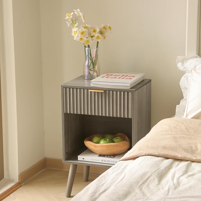 Mid Century Modern Nightstand, Wood Bedside Table with Drawer and Opening Storage, End Table Living Room Fluted Night Stand with Solid Wood Legs for Bedroom (Grey)