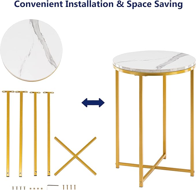 TECHMILLY Round End Table, Faux Marble Sofa Table, Accent Side Table with Metal Frame, Modern Gold Nightstand, Tall Coffee Table for Living Room, Bedroom
