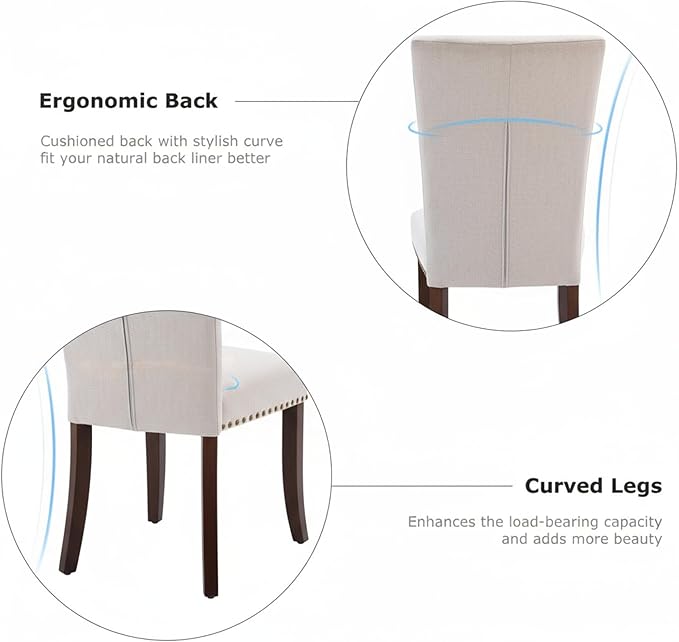 Set of 4 Beige Upholstered Dining Chairs – Farmhouse Kitchen Chairs with High Back, Solid Rubberwood Legs, Padded Foam Seat & Bronze Nailhead Trim, Comfortable Dining Room Chairs for Home, Living Room
