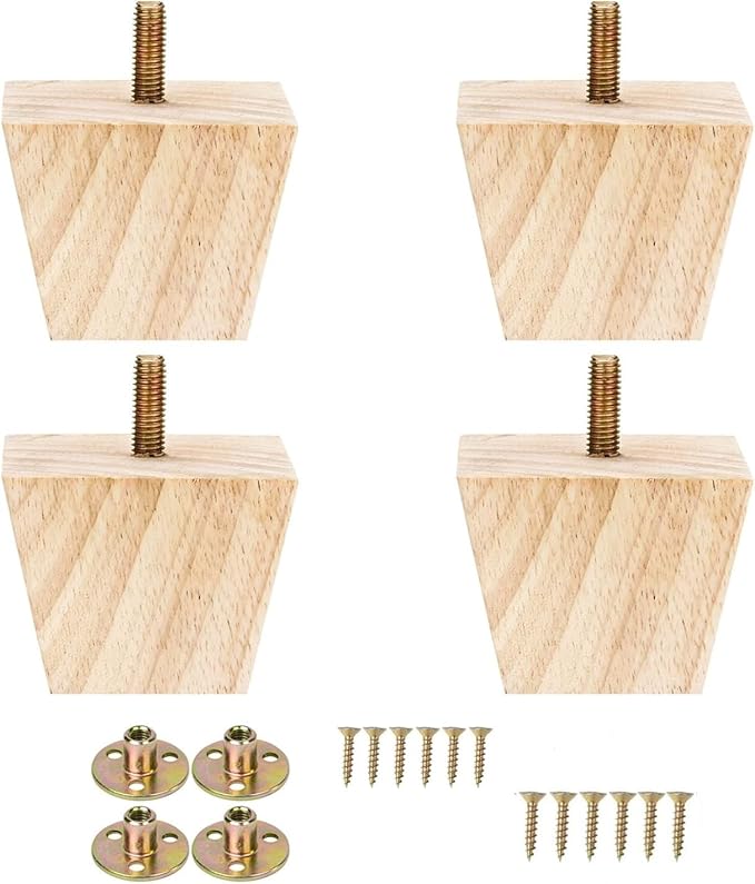 4PCS Wood Furniture Legs 2 inches Square Furniture Legs with Bolt Walnut Sofa Legs Couch Legs Replacement for Legs for Piano Bench, Chest-Turned-Coffee Table (Unfinished Wood Color)