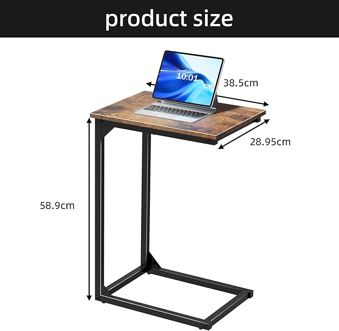 C-Shaped Side Table, C-Table for Sofa, Couch Table with Metal Frame, Large Surface Sofa Table for Living Room（Brown）