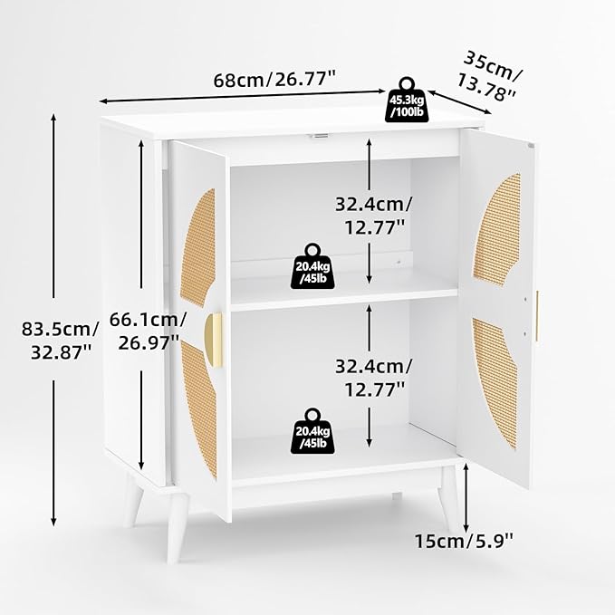 Buffet Cabinet White with Storage, Kitchen Sideboard with Doors & Shelves, Rattan Accent Buffet Console Walnut Media Console Mid Century Coffee Bar Table for Living Room Kitchen Dining Room