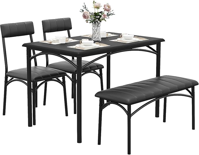 GAOMON Dining Table Set for 4 with Upholstered Bench and 2 Chairs, Rectangular Dining Room Table Set for 4 for Small Space, Apartment, Dinner, Rustic Black