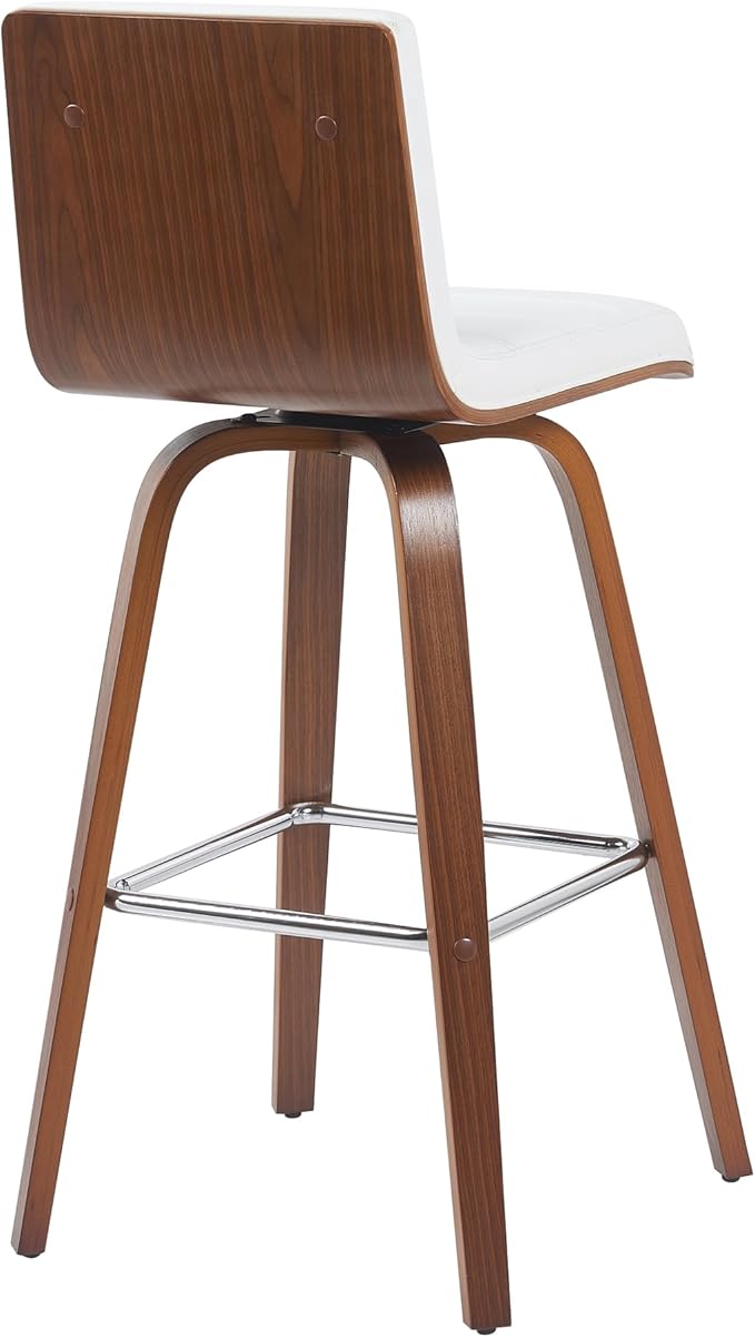 Vienna Modern Swivel Bar Height Stool with Snow White Faux Leather Seat and Walnut Finished Wood Frame Set of 2