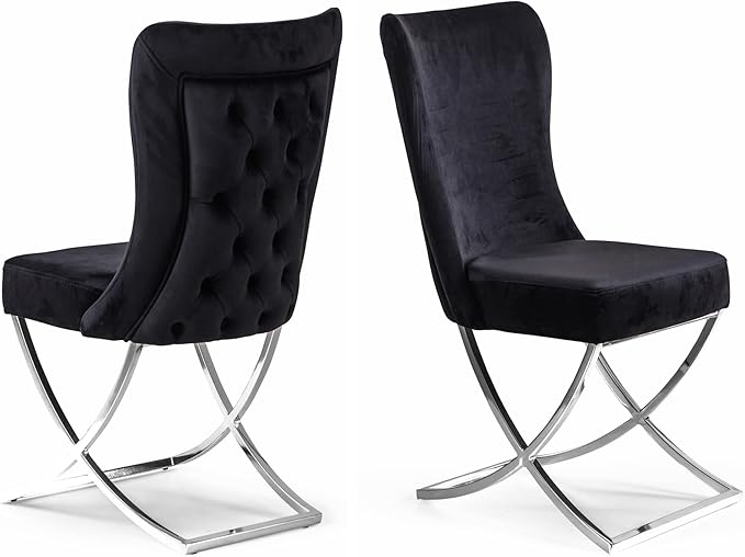 Ottomanson Royal Dining Chairs Set of 2 – Upholstered Tufted Microfiber, Assembled, Silver Metal Legs, Beech Wood Frame, 350 lb Capacity, Black