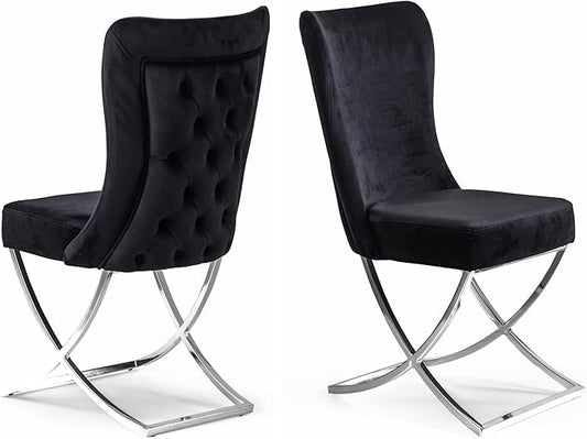 Ottomanson Royal Dining Chairs Set of 2 – Upholstered Tufted Microfiber, Assembled, Silver Metal Legs, Beech Wood Frame, 350 lb Capacity, Black