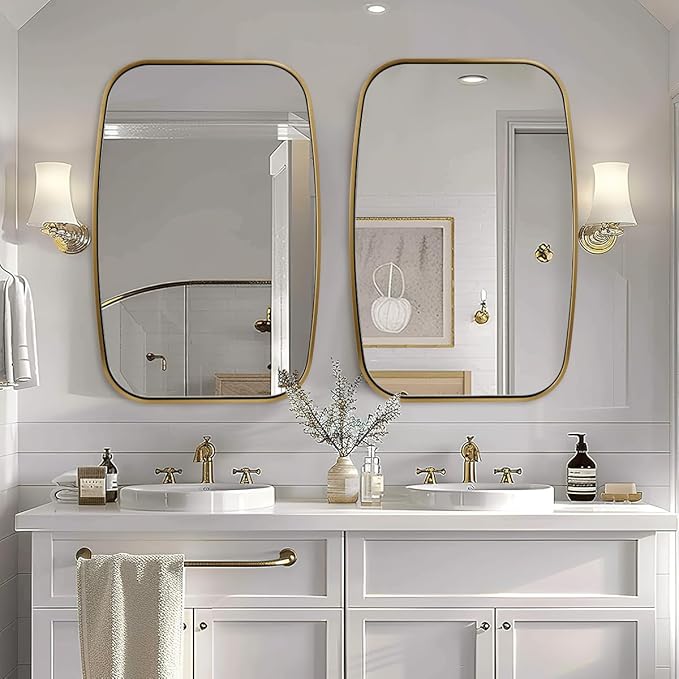 ANDY STAR Brushed Gold Oval Bathroom Mirror, 24x36 Inch Brass Oblong Mirrors for Wall, Modern Rectangle Vanity Mirror with Rounded Corner, Stainless Steel Wall Mount Horizontal or Vertical