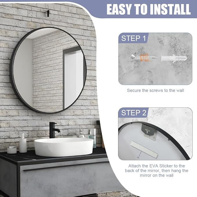34inch Bathroom Round Mirror,Wall Mounted Vanity Mirror,Steel Frame,Black,Steel Frame