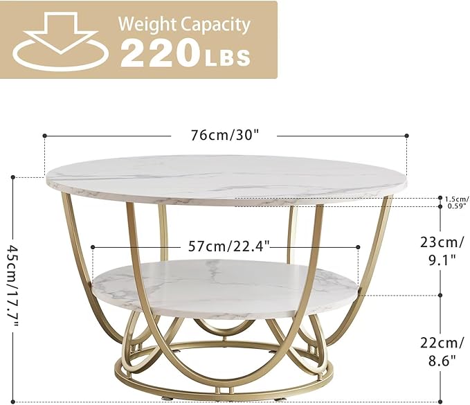 Elephance Round Coffee Table with Storage, 30 Inch Modern Coffee Table for Living Room,Wooden Tabletop-Marble White Print with Gold Frame