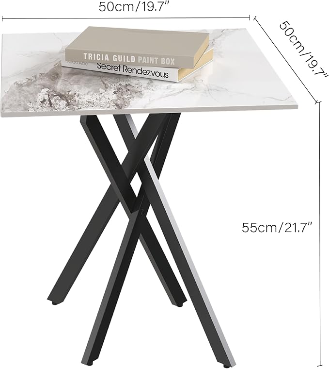 White Marble Side Coffee Table with Metal Legs, Samll Sintered Stone Square Modern End Table for Living Room Sofa Table Home Bed Office (1 Piece, 20"×20"×22")