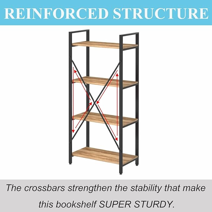 BON AUGURE Industrial 4 Tier Bookshelf, Modern Open Shelving Unit Book Shelves, Heavy Duty Etagere Bookcase, Wood Metal 4 Shelf Book Case for Office, Living Room and Bedroom (Vintage Oak)