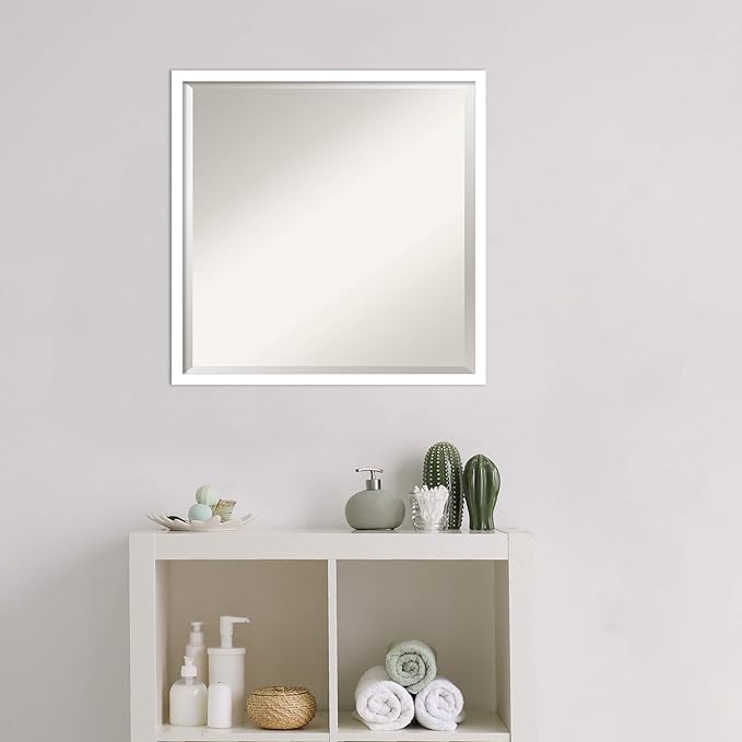 Amanti Art White Bathroom Mirror for Over Sink, 22x22 Svelte White Square Vanity Mirror, Medium Modern Contemporary Wood Frame, Hangs Horizonally and Vertically, Bathroom Wall Decor, Beveled Edge