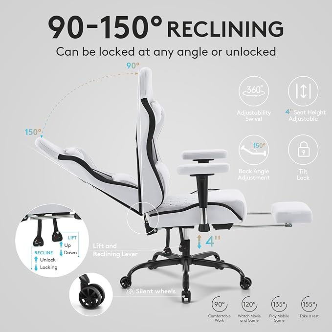 Gaming Chair Breathable Fabric,Computer Office Chair with Footrest,Massage Lumbar Support and Gel Pad,Ergonomic Reclining Gamer Chair with Adjustable Armrests and Spring Cushion Grey Black