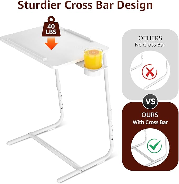 TV Trays Set of 4 - Folding TV Tray Adjustable Dinner Trays for Eating On Couch Wooden Tables Mate Stand Foldable White Desk with Cup Holder Portable