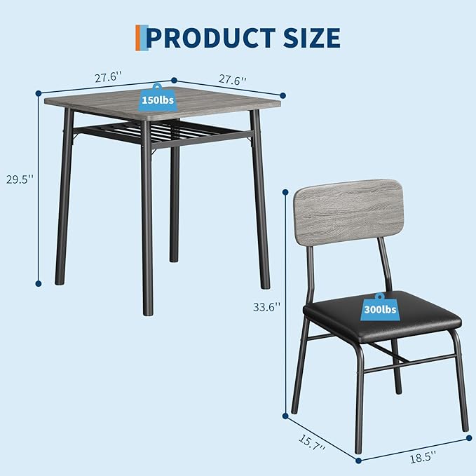 GarveeHome Dining Table for 2 with Storage Rack, Small Kitchen Table for 2 with Metal Frame, Square Table with Upholstered Chairs Set of 2, 3-Piece Dining Room Set for Small Space, Apartment, Gray