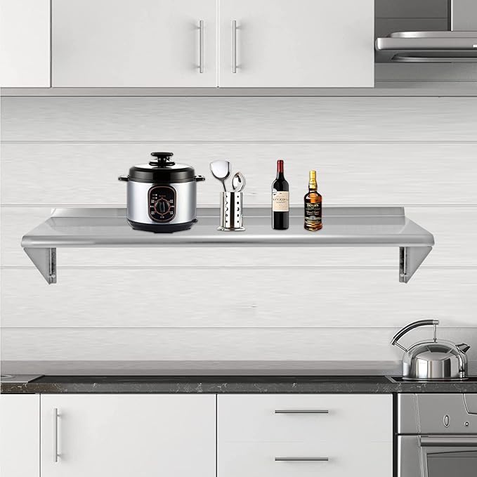 Stainless Steel Shelf 12x48 Inches, NSF Commercial Metal Wall Mounted Rack Shelves,Floating Shelving for Restaurant, Food Truck, Kitchen,Garage,Washrooms,Home&Hotel