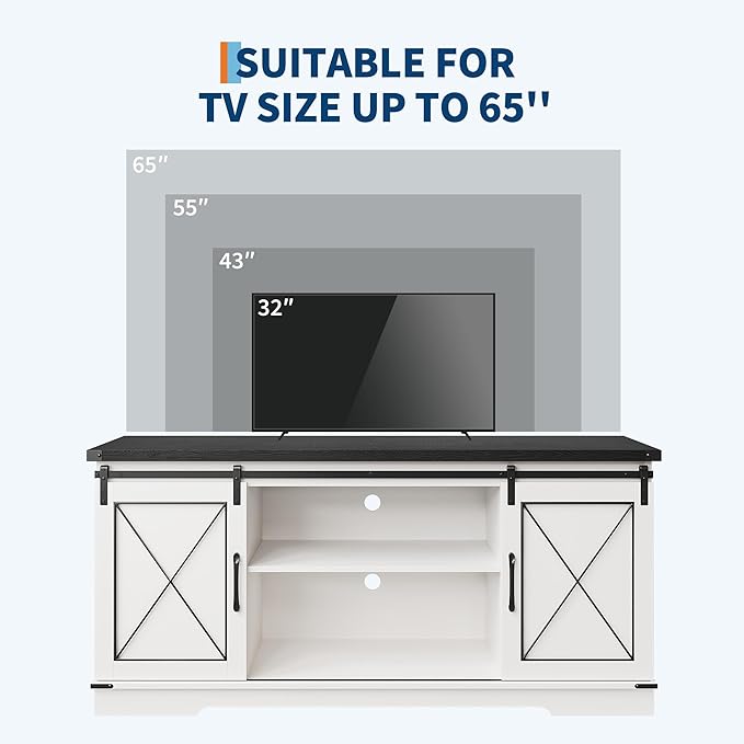 GAOMON Farmhouse 59" TV Stand Up to 65 Inches, Mid Century Modern TV Entertainment Center with Storage Cabinets & Open Shelves, Wood TV Cabinet for Living Room, White
