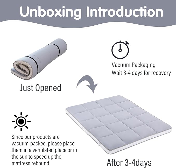 Tiita Queen Memory Foam Mattress Topper, 4" Thicken Futon Floor Mattress with Storage Bag and 2 Straps, Portable Roll Up Travel Car Camping Mattress Sleeping Pad, Grey