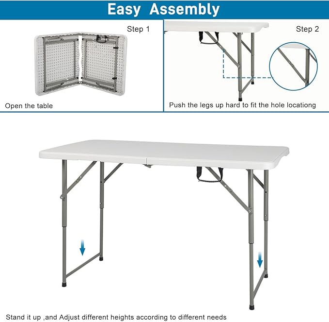 4ft Plastic Folding Table, Kids Folding Activity Table for Classrooms and Home,Indoor Outdoor Heavy Duty Portable Handle, Lock for Picnic, Party, Pong, Camping - White (4ft)