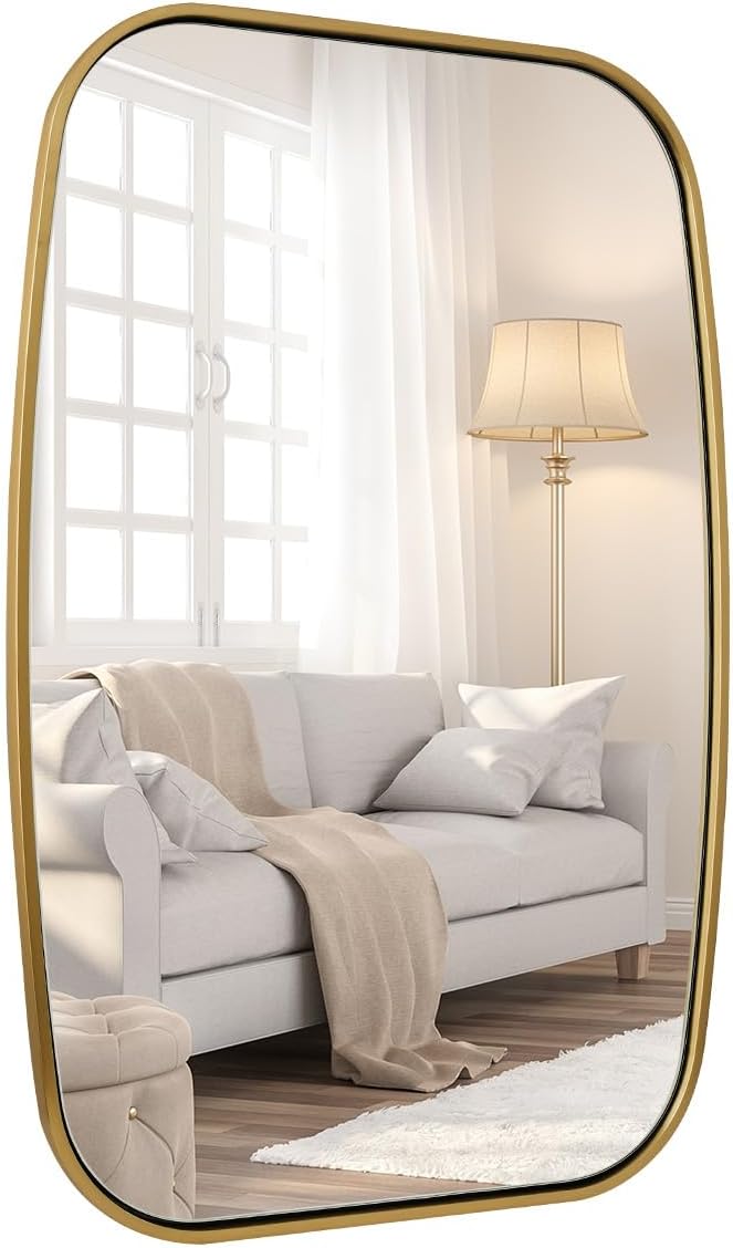 ANDY STAR Brushed Gold Oval Bathroom Mirror, 24x36 Inch Brass Oblong Mirrors for Wall, Modern Rectangle Vanity Mirror with Rounded Corner, Stainless Steel Wall Mount Horizontal or Vertical