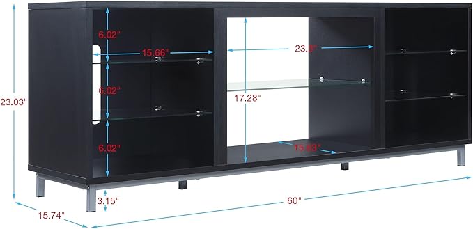 Manhattan Comfort Brighton 60" TV 7 Shelves, Tempered Glass Dividers and Media Wire Management, Modern Free-Standing Entertainment Center for Living Room, Fits up to 56" Television, OneSize, Onyx