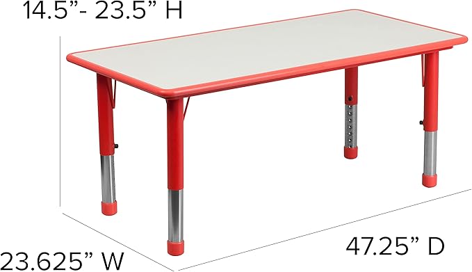 Flash Furniture Emmy Adjustable Classroom Activity Table with 6 Stackable Chairs, Rectangular Plastic Activity Table for Kids, 23.625" W x 47.25" L, Red/Gray
