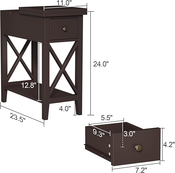 ChooChoo End Table, MDF Material Flip Top Narrow End Table with Drawer, Accent Small Side Table Nightstand for Living Room, Bedroom, and Small Spaces - Espresso